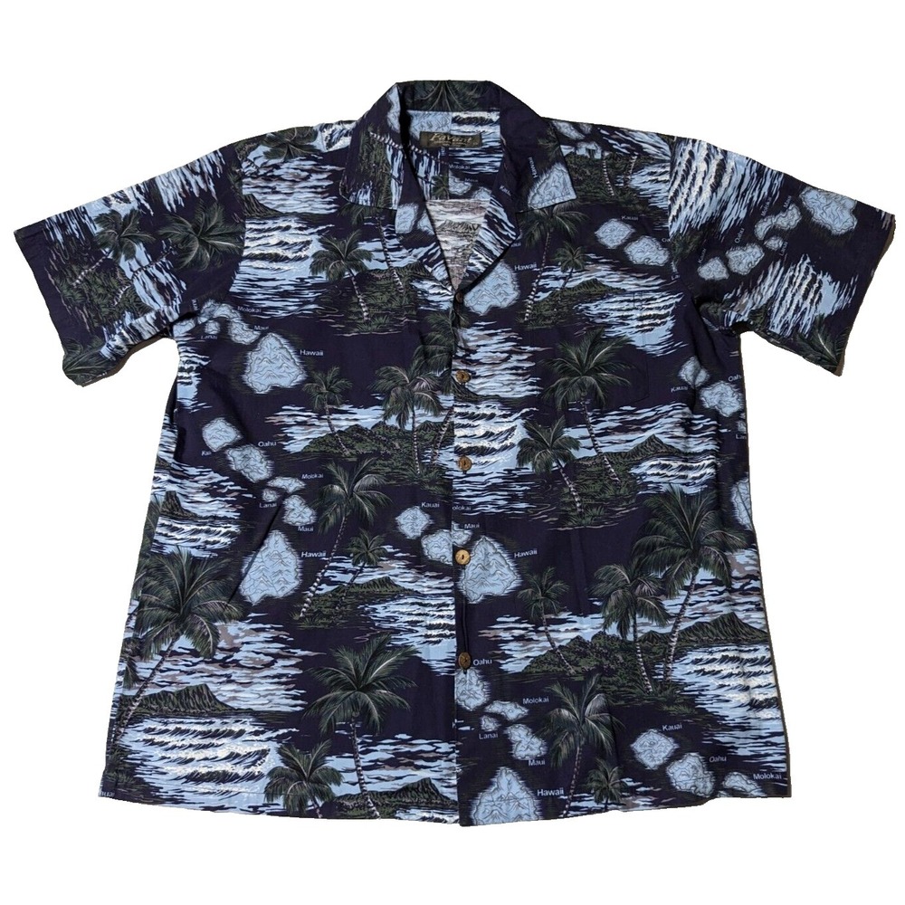 FAVANT HAWAII ISLAND MAP PRINT Men XL Blue Floral‎ Cotton Hawaiian Camp Shirt